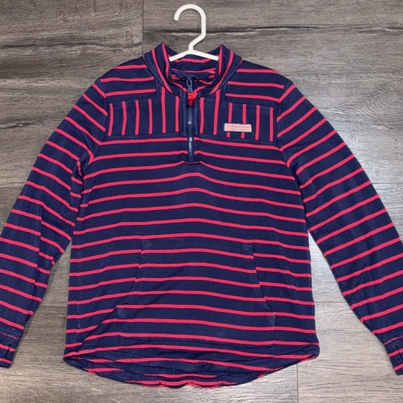 Vineyard Vines Girls Break Stripe Shep Quarter Zip Top Medium (10-12) Navy/Red - Picture 1 of 10